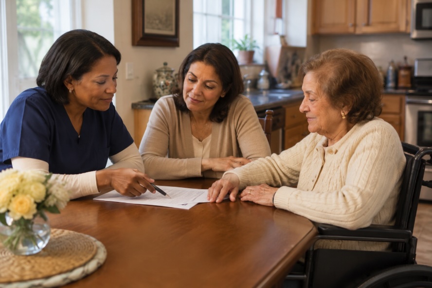 A home care aide reviews a care plan with an elderly patient and her adult daughter at their home in Ocean County, NJ.