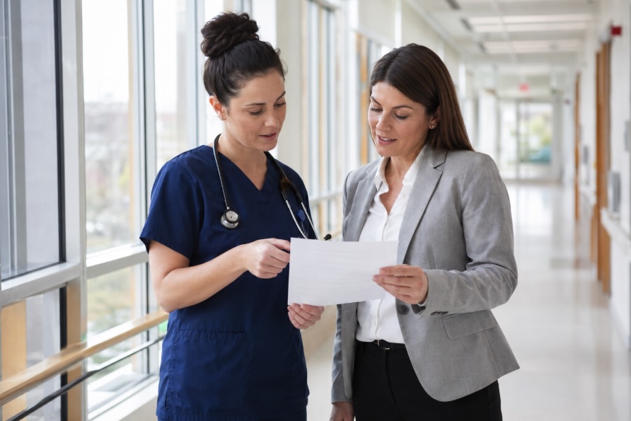 A nurse and case manager reviewing patient discharge paperwork together in a hospital corridor in Ocean County, NJ.