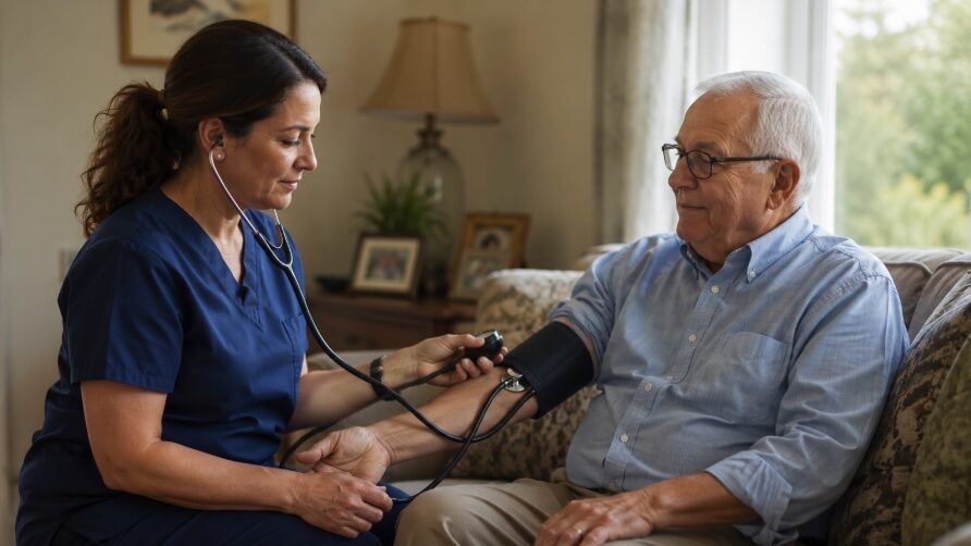 A home health nurse checking the blood pressure of an elderly patient at home in Toms River, NJ.