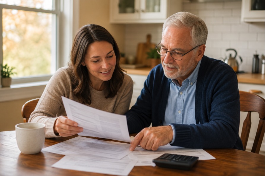 Adult daughter and aging father reviewing paperwork together in a sunlit New Jersey living room