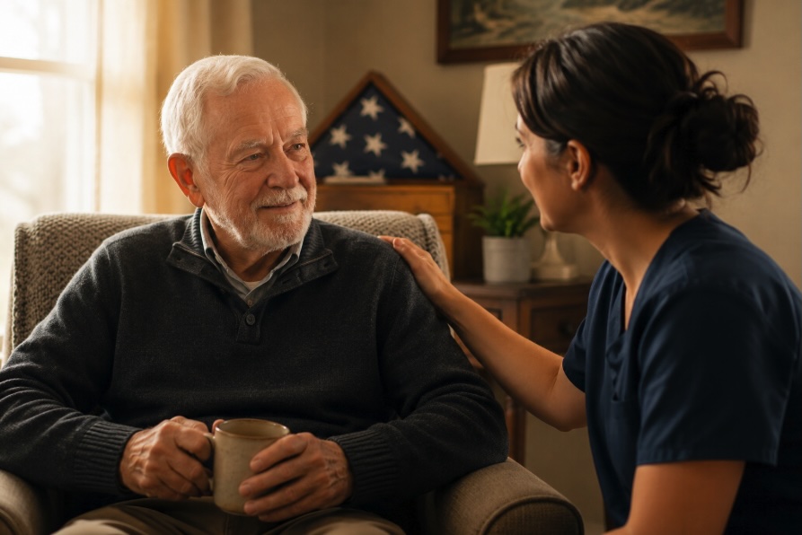 Veteran and caregiver having a supportive conversation at home in New Jersey