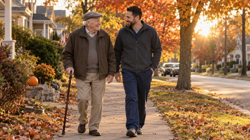 Private duty caregiver walking with an older man on his neighborhood street in Monmouth County, NJ
