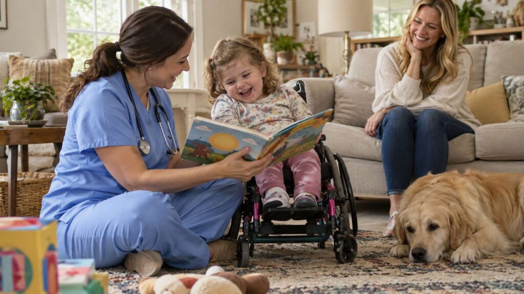Pediatric private duty nurse reading with a child at home in Toms River, NJ