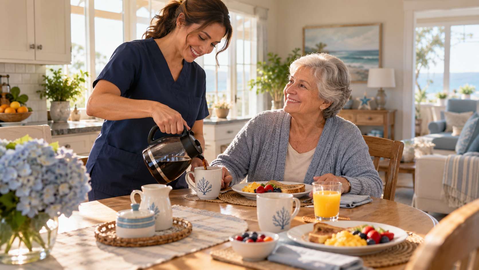 Private duty home health aide serving breakfast to an older woman at home in Ocean County, NJ