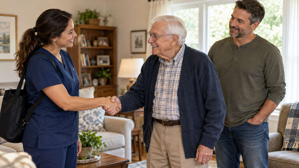 Home health aide meeting a new client and his son before home care begins in Ocean County, NJ