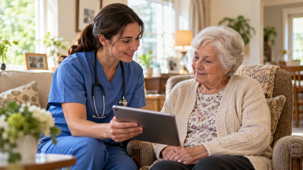 Registered nurse reviewing a home care plan with a client recovering at home in New Jersey